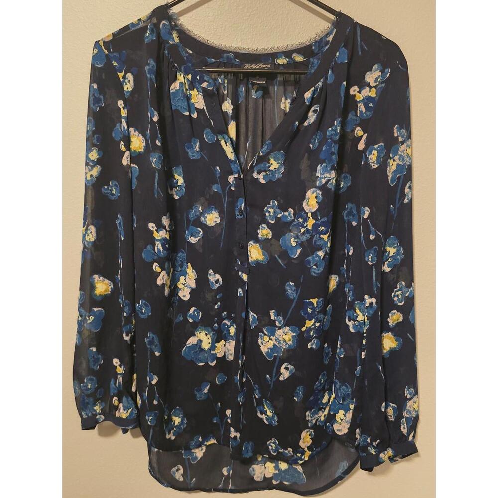Lucky Brand Navy Blue Sheer Floral V Neck Womens Blouse (S)